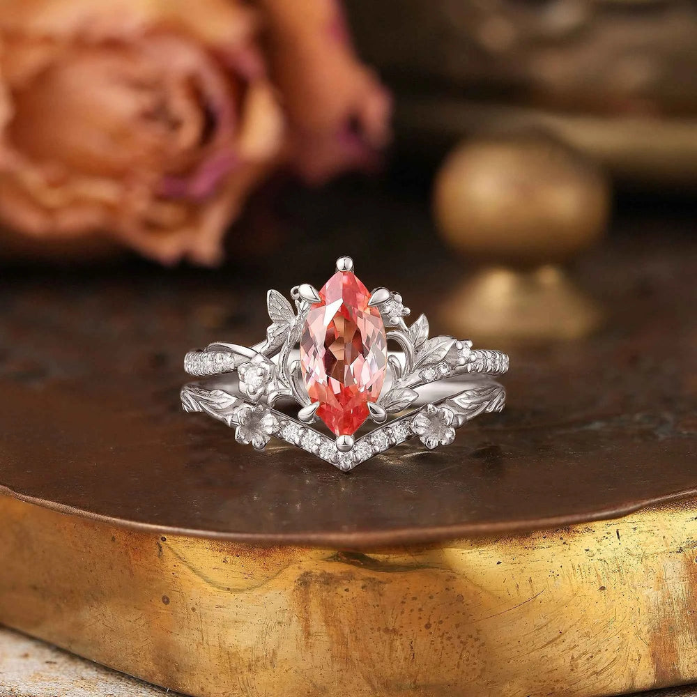 Marquise Cut Padparadscha Nature Inspired Bridal Ring Set - Ella - GemsMagic