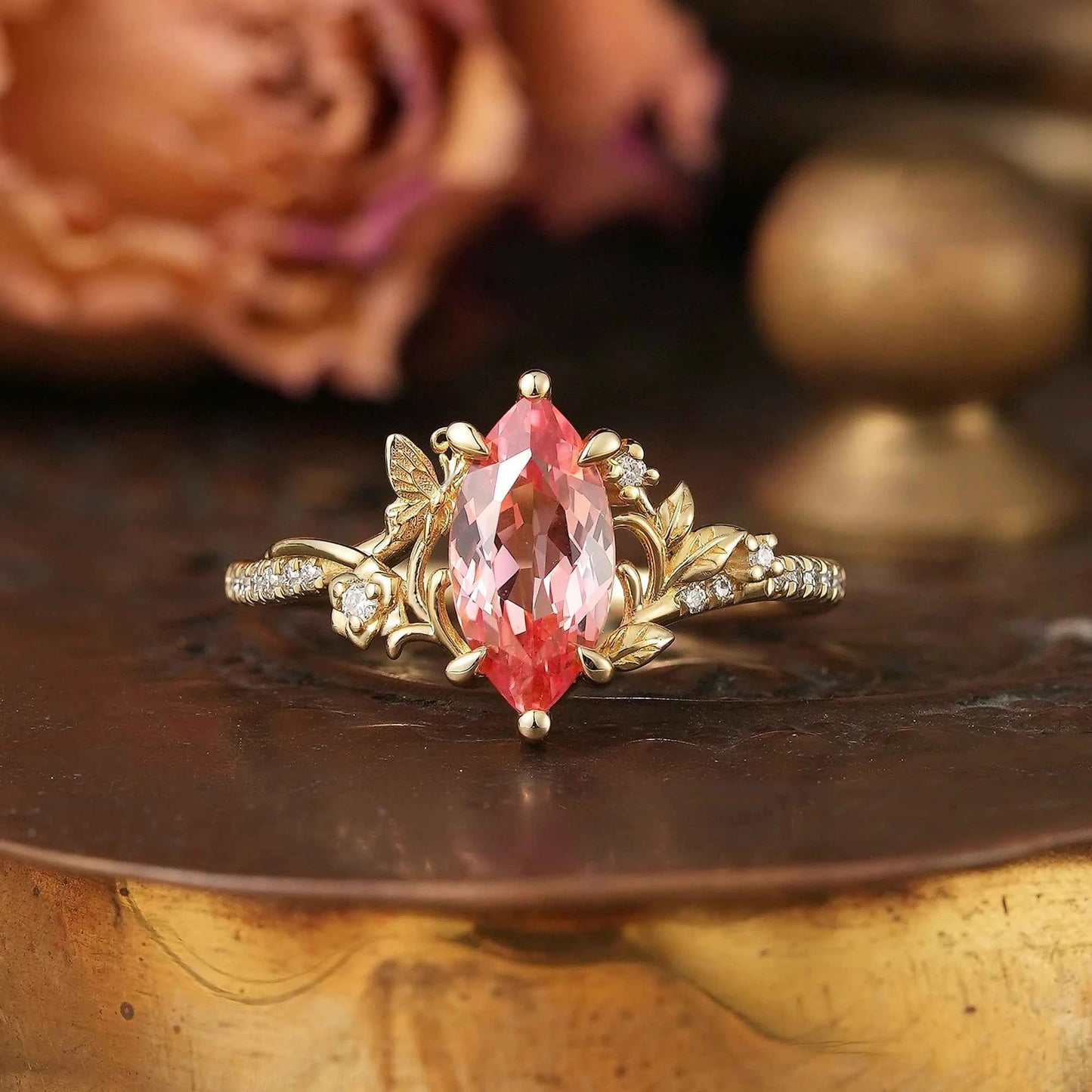 Marquise Cut Padparadscha Nature Inspired Engagement Ring - Zoey - GemsMagic