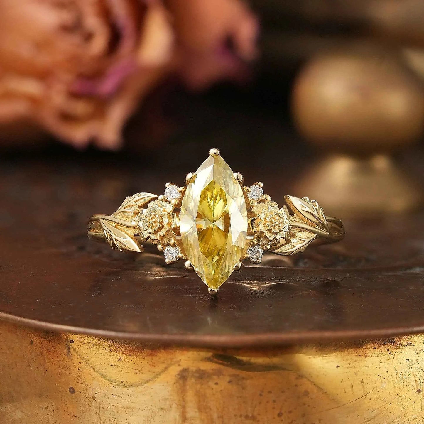 Marquise Cut Yellow Moissanite Daisy Inspired Engagement Ring - Elaine - GemsMagic