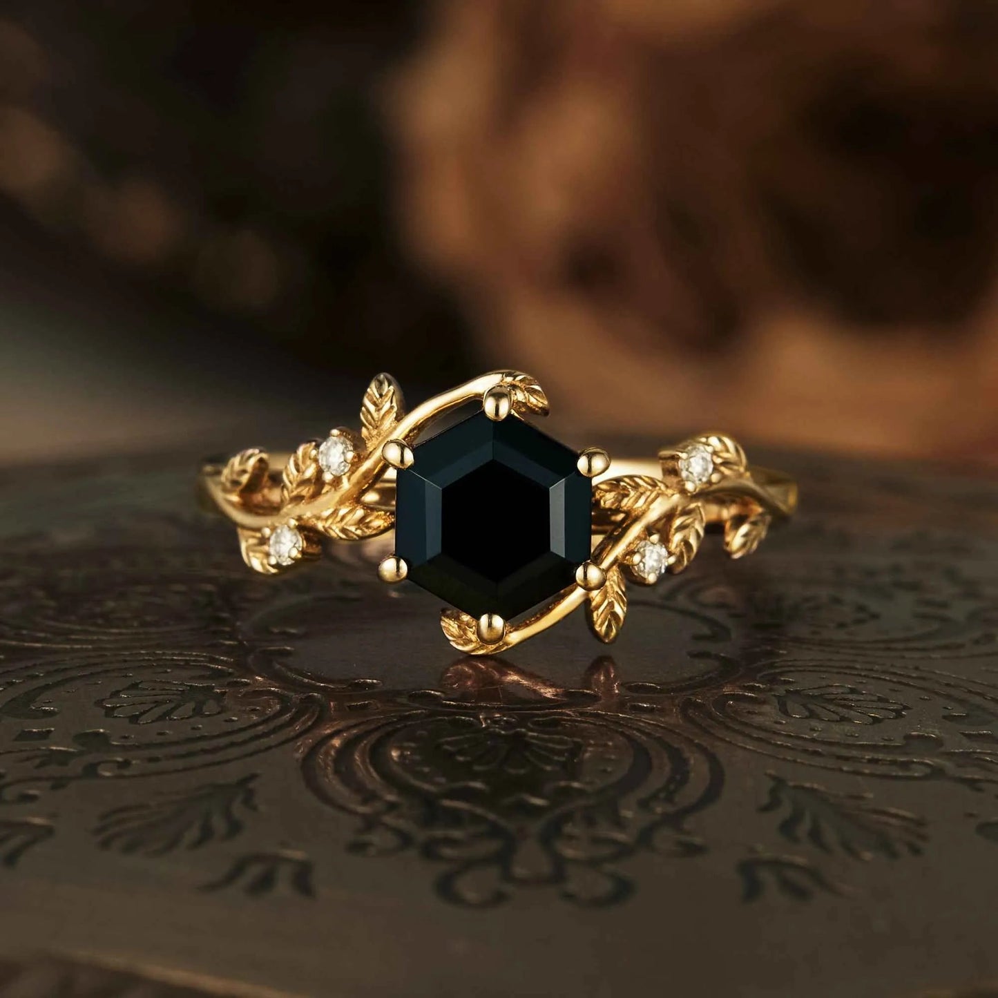 Mistletoe Inspired Black Onyx Leaf Engagement Ring - GemsMagic - GemsMagic
