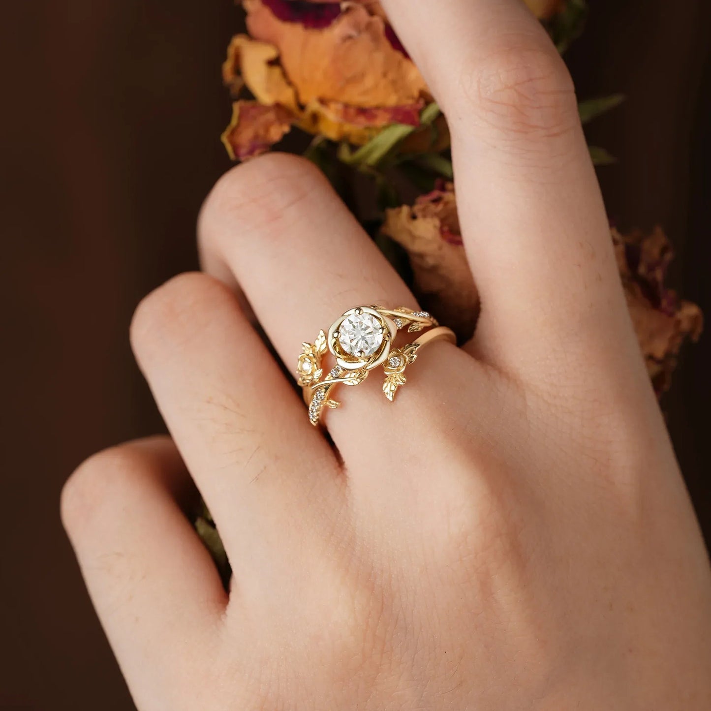 Moissanite Bridal Ring Set | Rose Blossom Three Roses Design - GemsMagic