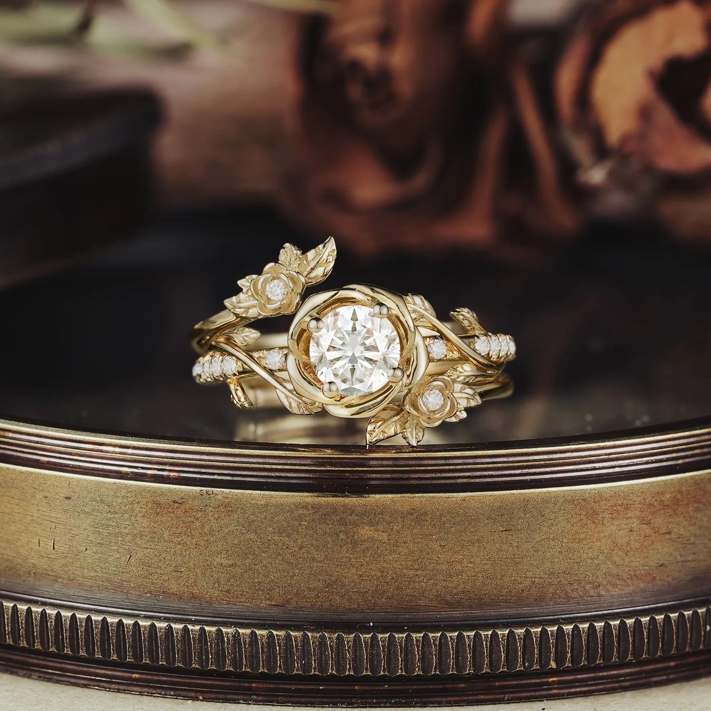 Moissanite Bridal Ring Set | Rose Blossom Three Roses Design - GemsMagic