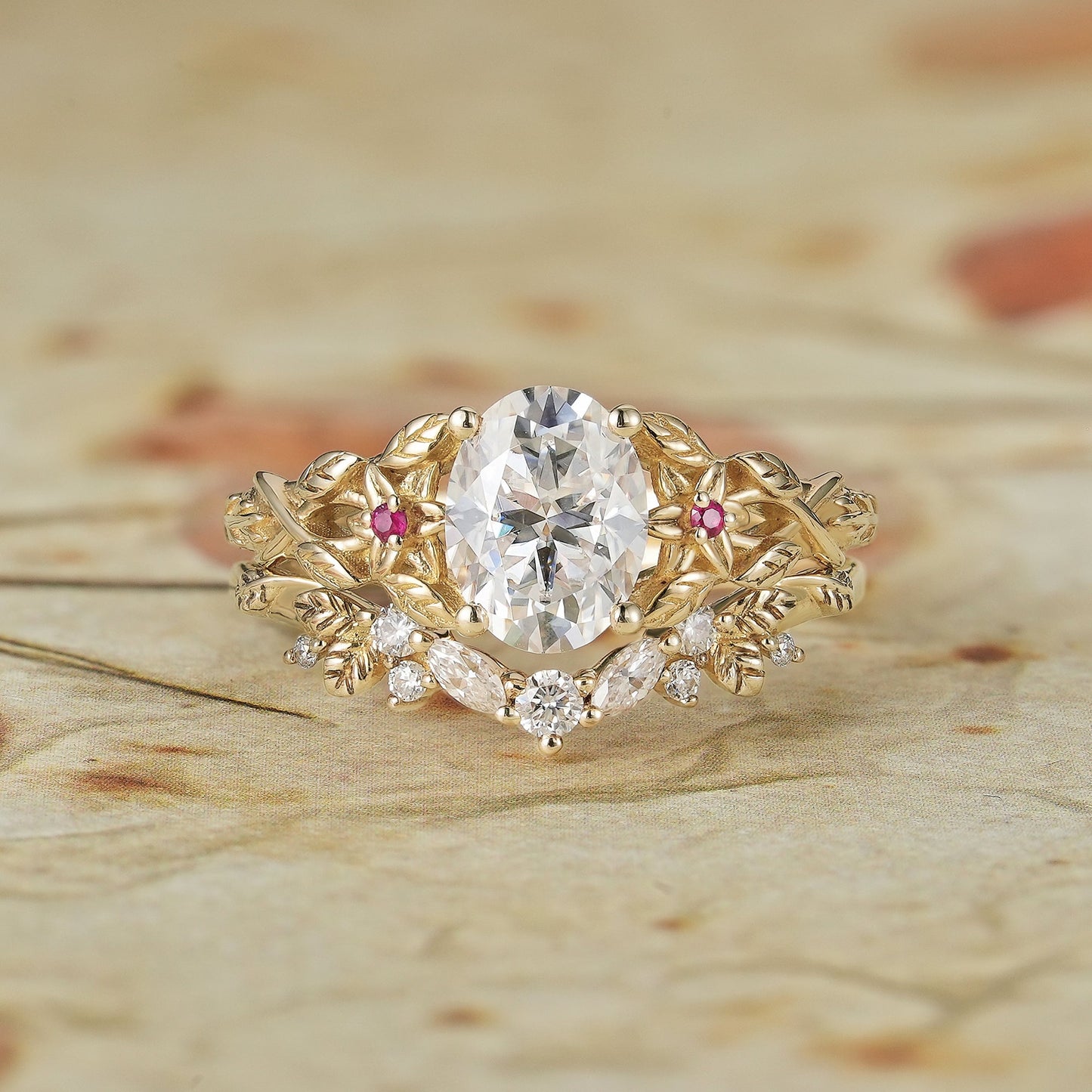 Moissanite Engagement Ring Set with Floral Ruby - Persephone - GemsMagic