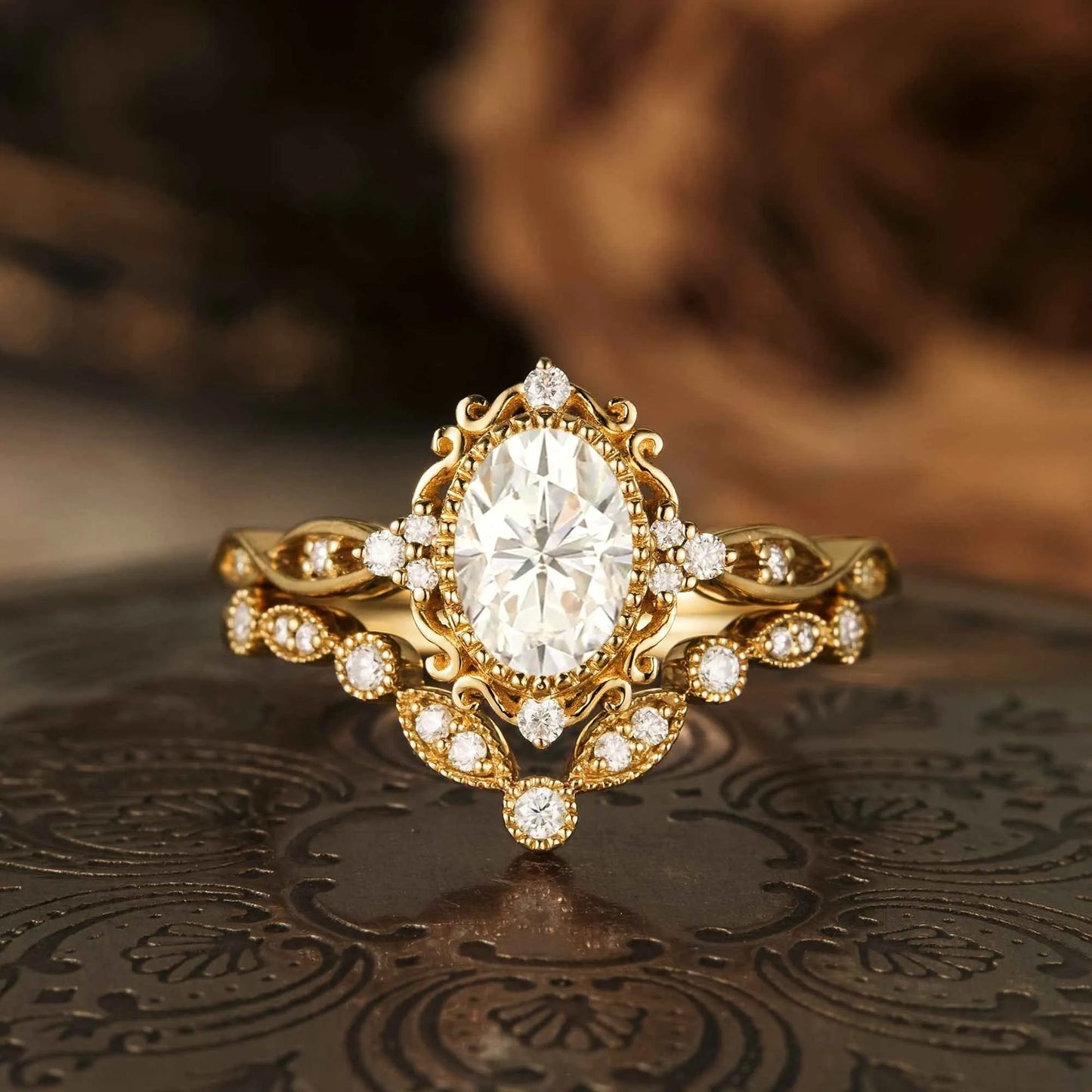 Moissanite Filigree Engagement Ring Set 2pcs - GemsMagic - GemsMagic