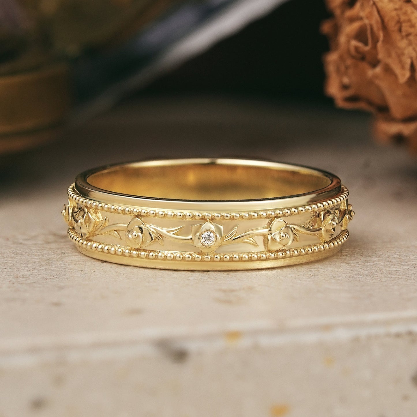 Moissanite Flower Inspired Milgrain Men's Band - Regan - GemsMagic