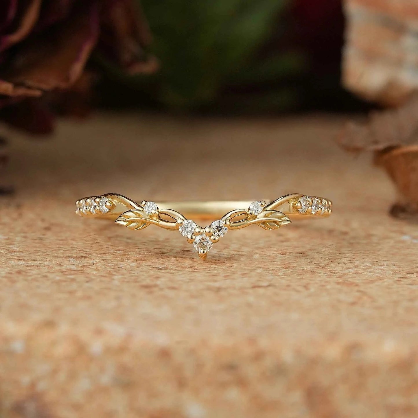 Moissanite Leaf And Stag Inspired Curved Wedding Ring - GemsMagic