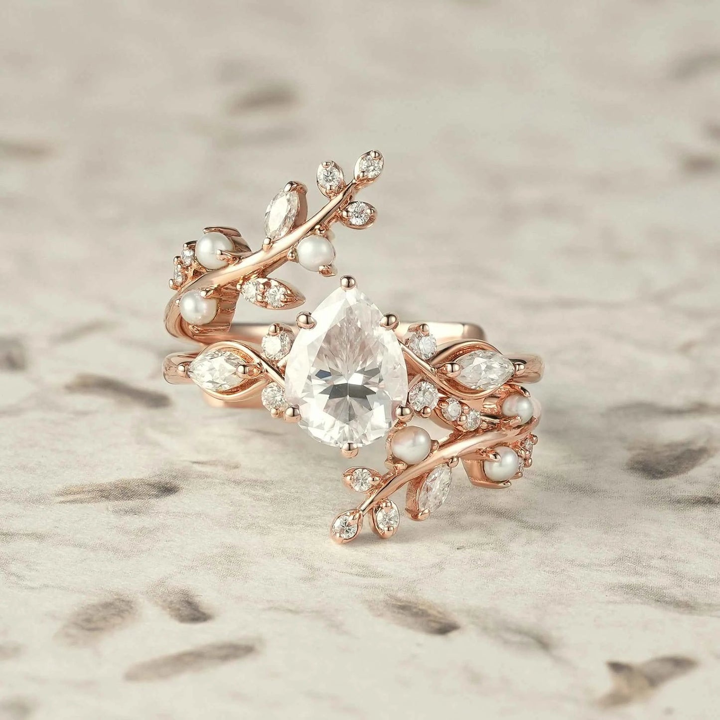 Moissanite & Pearl Engagement Ring Set - Athena - GemsMagic