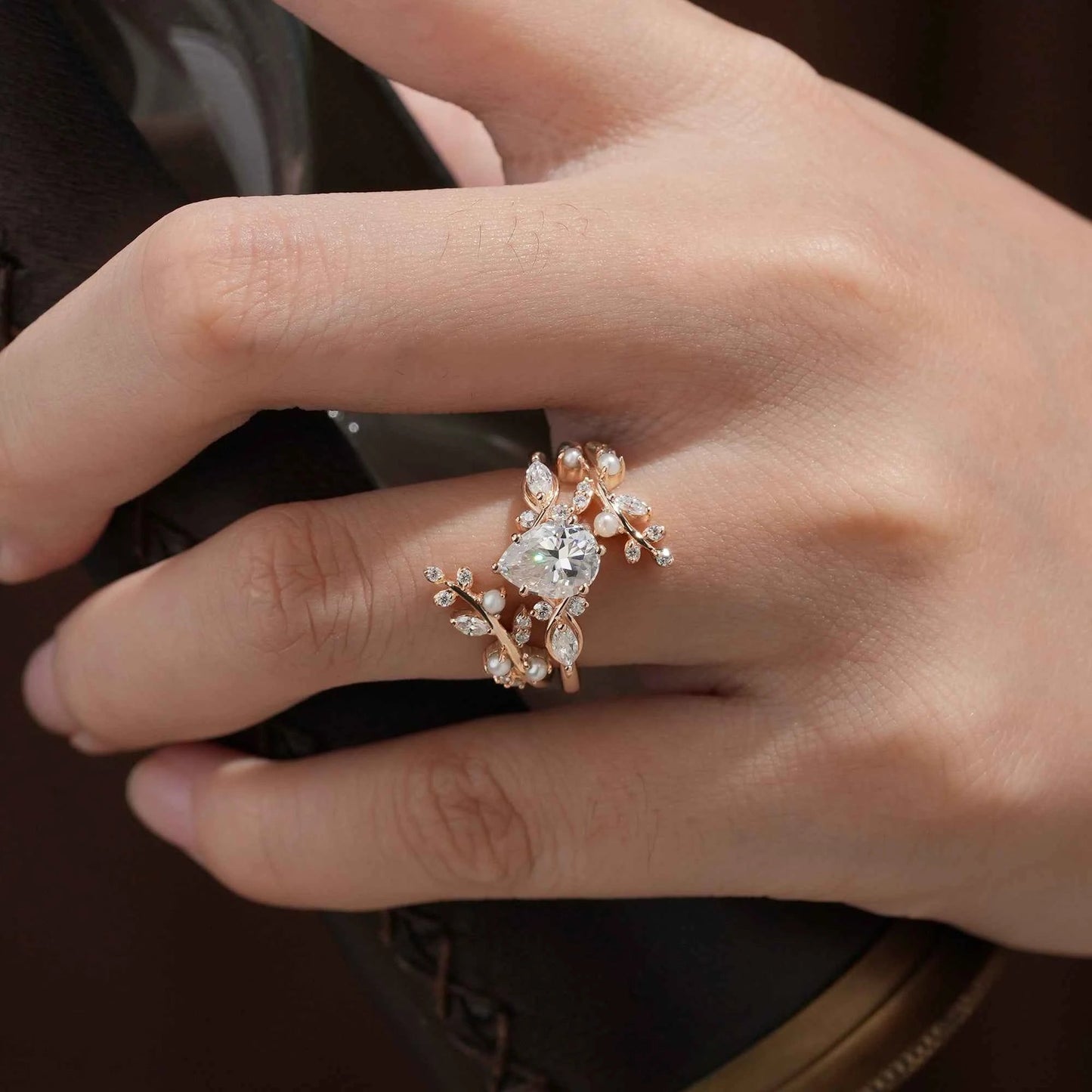 Moissanite & Pearl Engagement Ring Set - Athena - GemsMagic