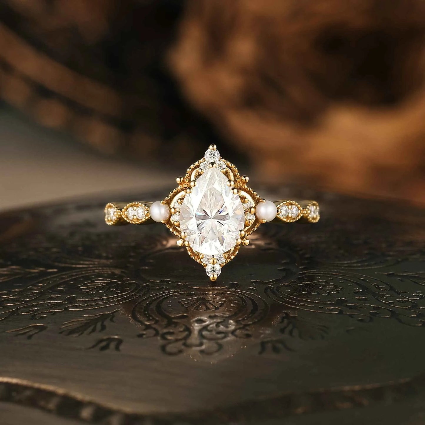 Moissanite Ring with Pearl Accents - Eulalie - GemsMagic - GemsMagic