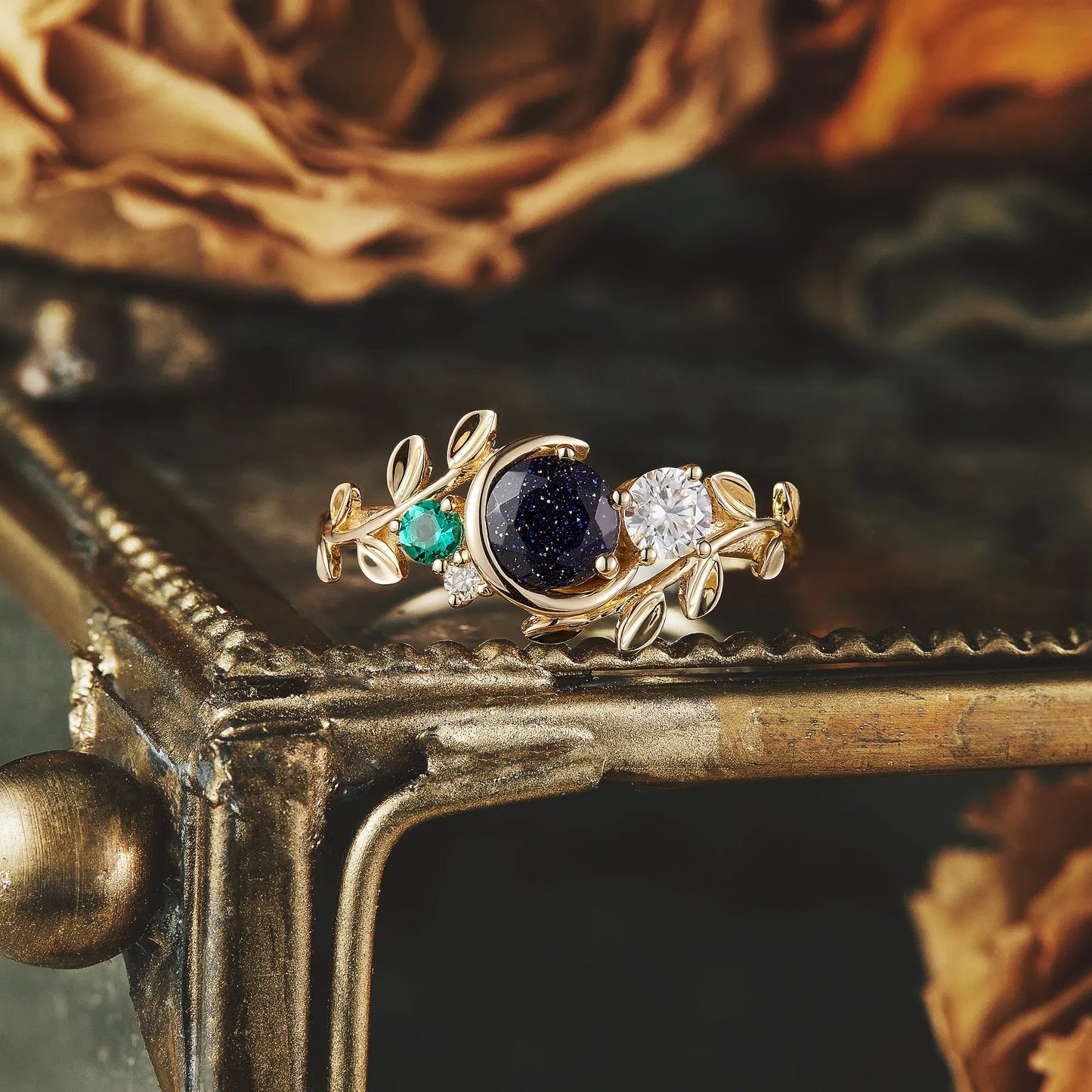 Moon and Leaf Inspired | Star Sandstone and Moissanite Ring - Lyra - GemsMagic