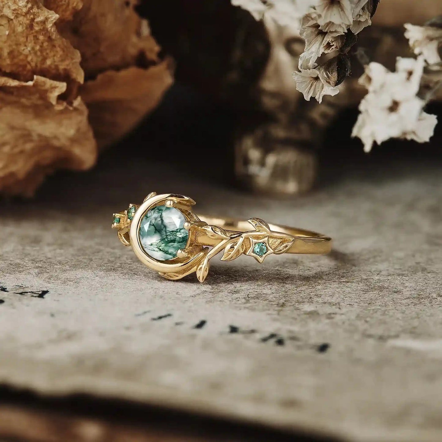 Moon Encircled Moss Agate Ring - Mia | GemsMagic - GemsMagic