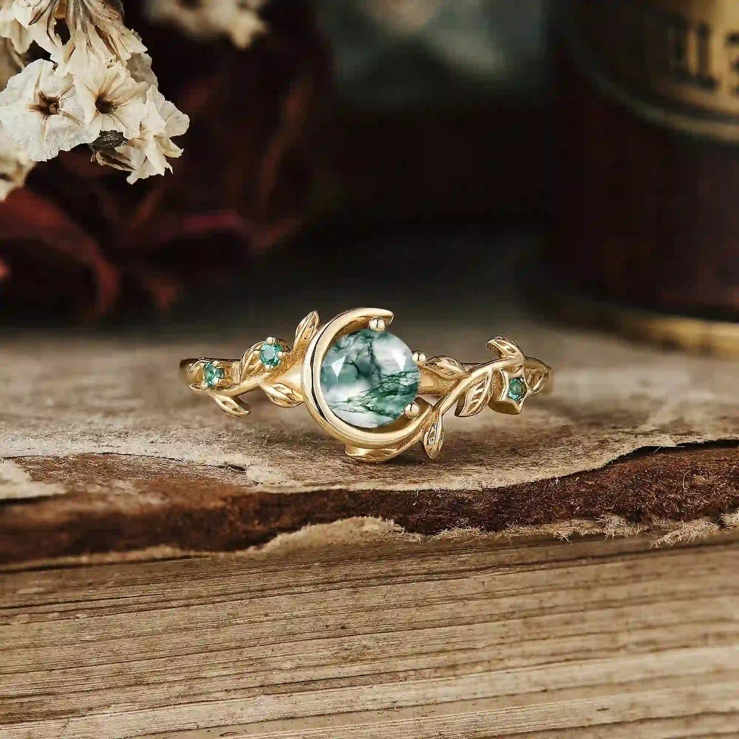 Moon Encircled Moss Agate Ring - Mia | GemsMagic - GemsMagic