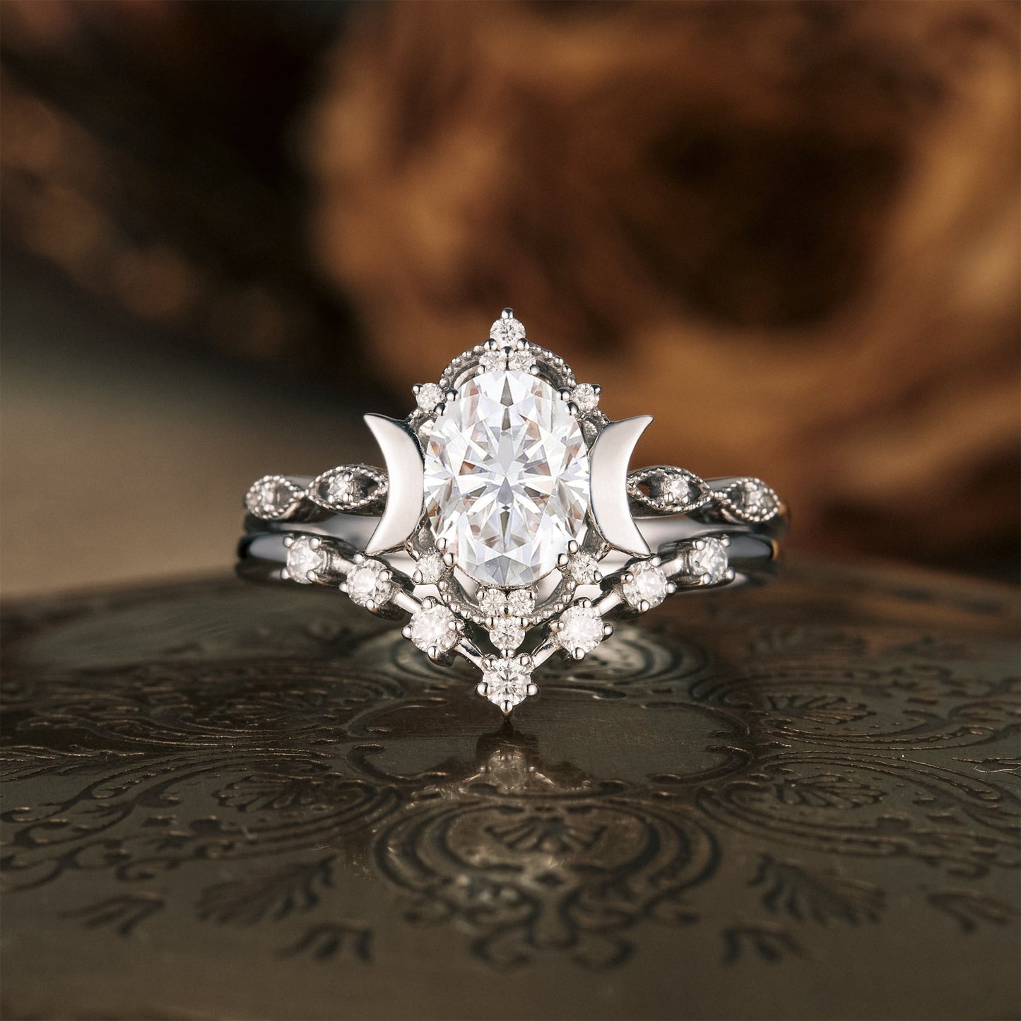 Moon Inspired Moissanite Engagement Ring Set 2pcs 925 silver - GemsMagic - GemsMagic