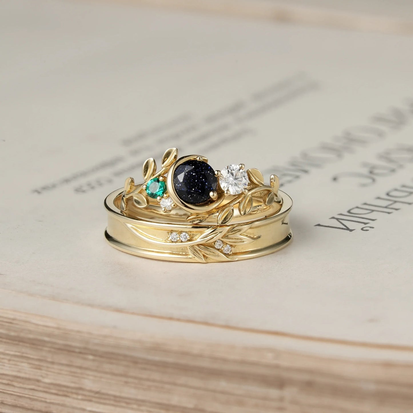 Moon Inspired Star Sandstone and Moissanite Couple Rings - Endless Journey - GemsMagic