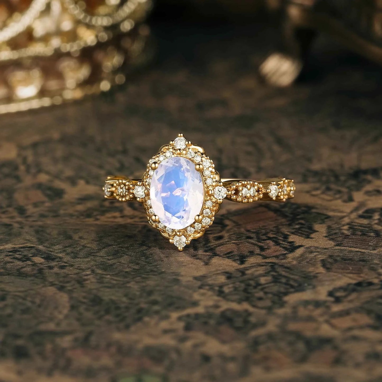 Moonstone Halo Engagement Ring - Arabella - GemsMagic - GemsMagic