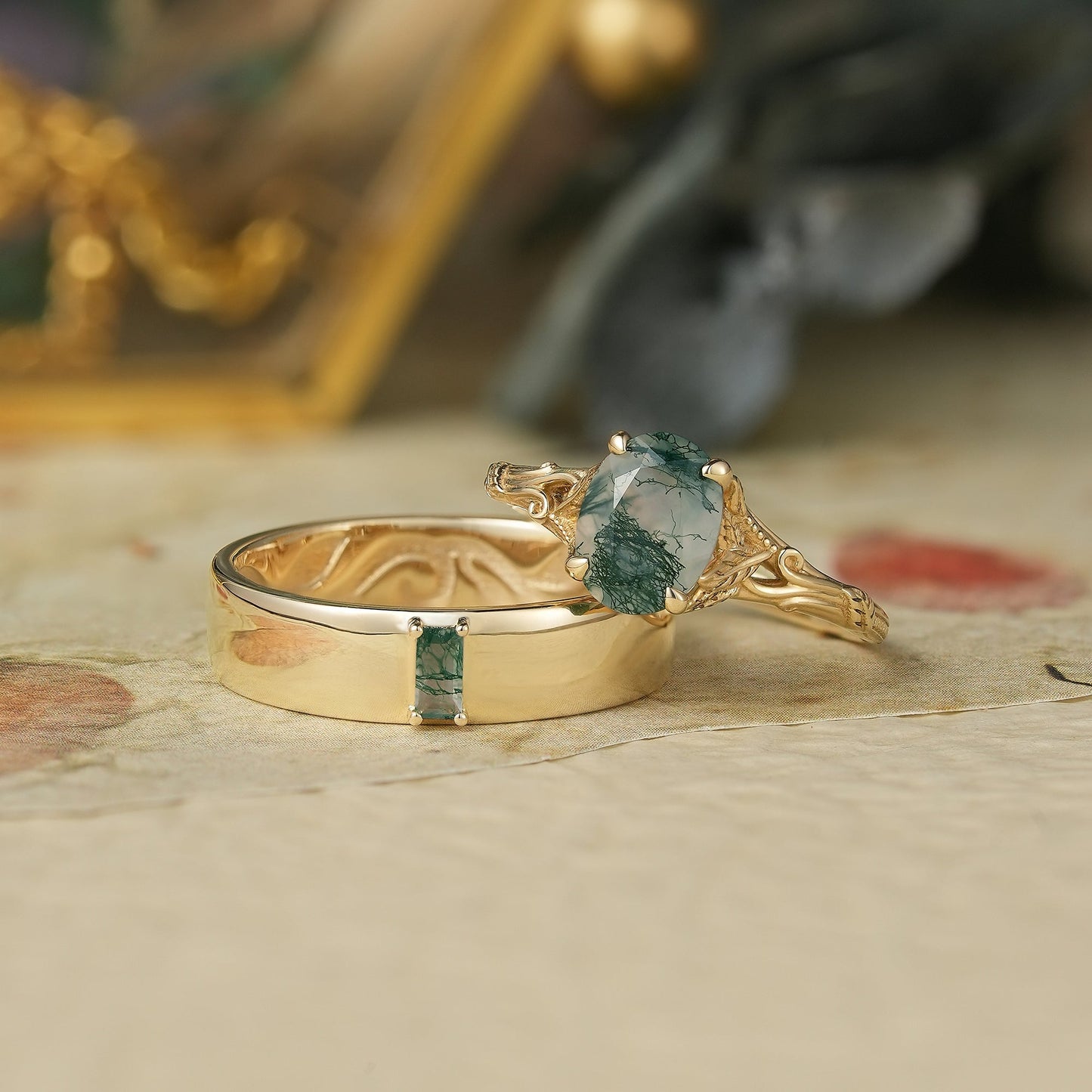 Moss Agate Couple Ring Set - You Are My Always - GemsMagic