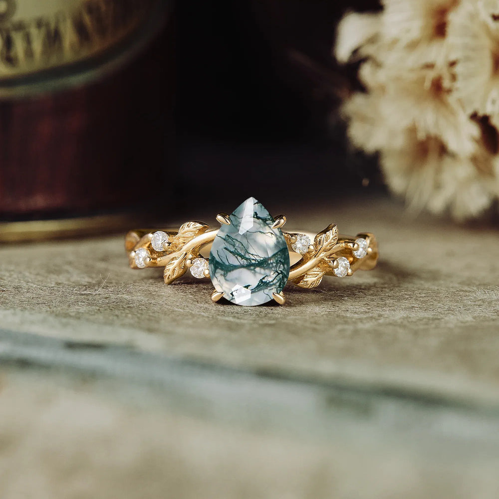 Moss Agate Leaf Engagement Ring - GemsMagic