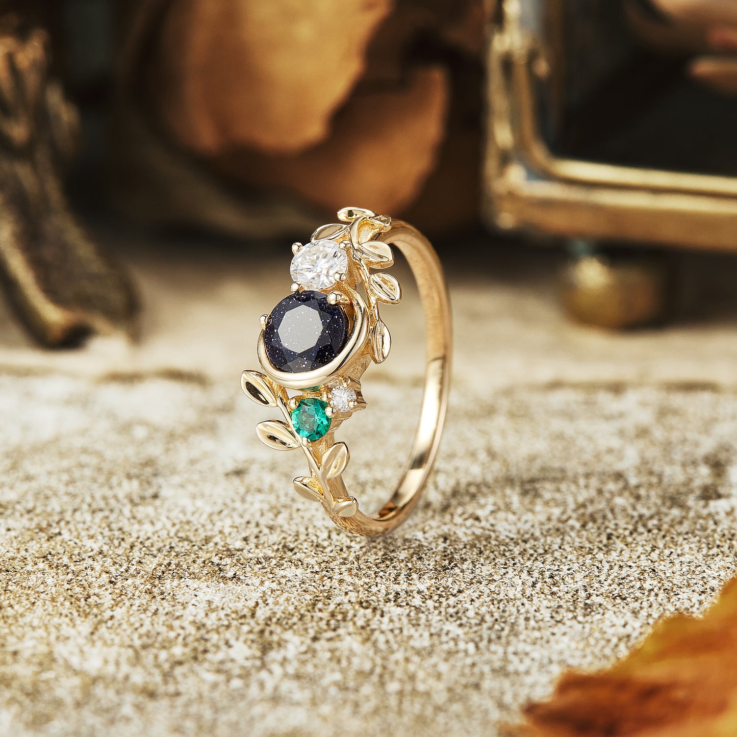 Moon and Leaf Inspired | Star Sandstone and Moissanite Ring - Lyra