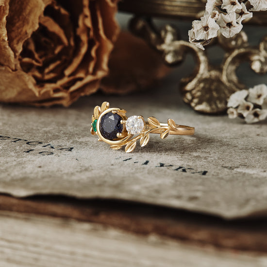 Moon and Leaf Inspired | Star Sandstone and Moissanite Ring - Lyra