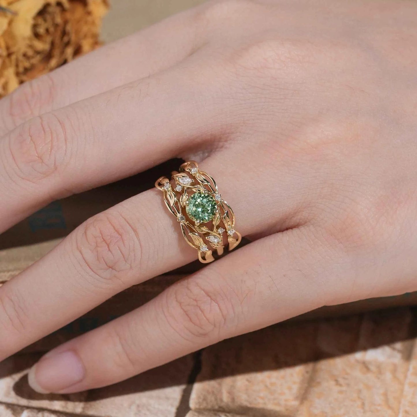 Natural Green Sapphire & Moissanite Ring Set 2pcs - Lumi - GemsMagic