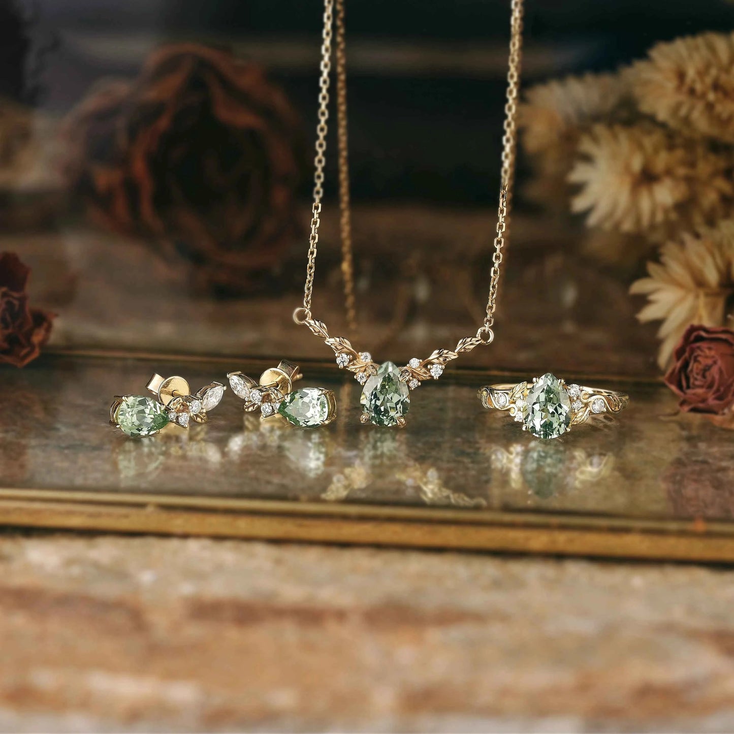 Nature Inspired 3pcs Green Sapphire Jewelry Sets - Ring & Necklace & Earrings - GemsMagic