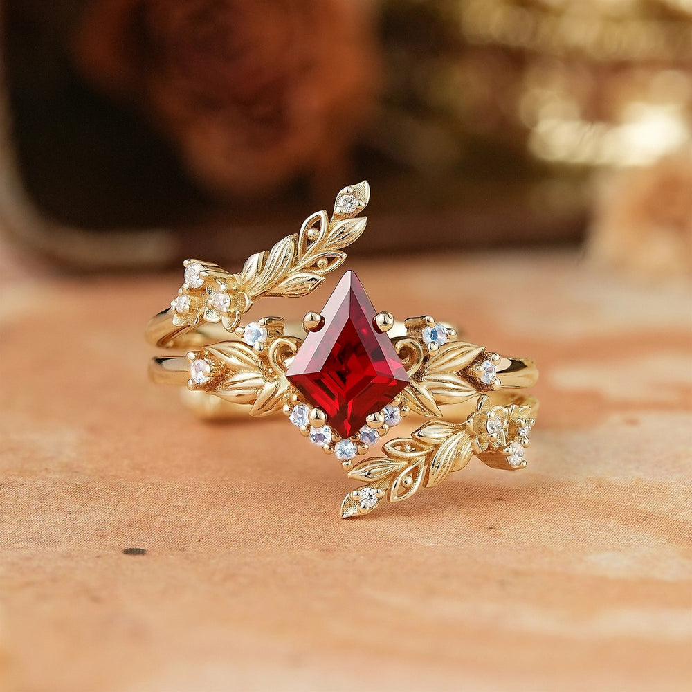 Nature Inspired Kite Cut Lab Ruby And Moonstone Enhancer Bridal Ring Set