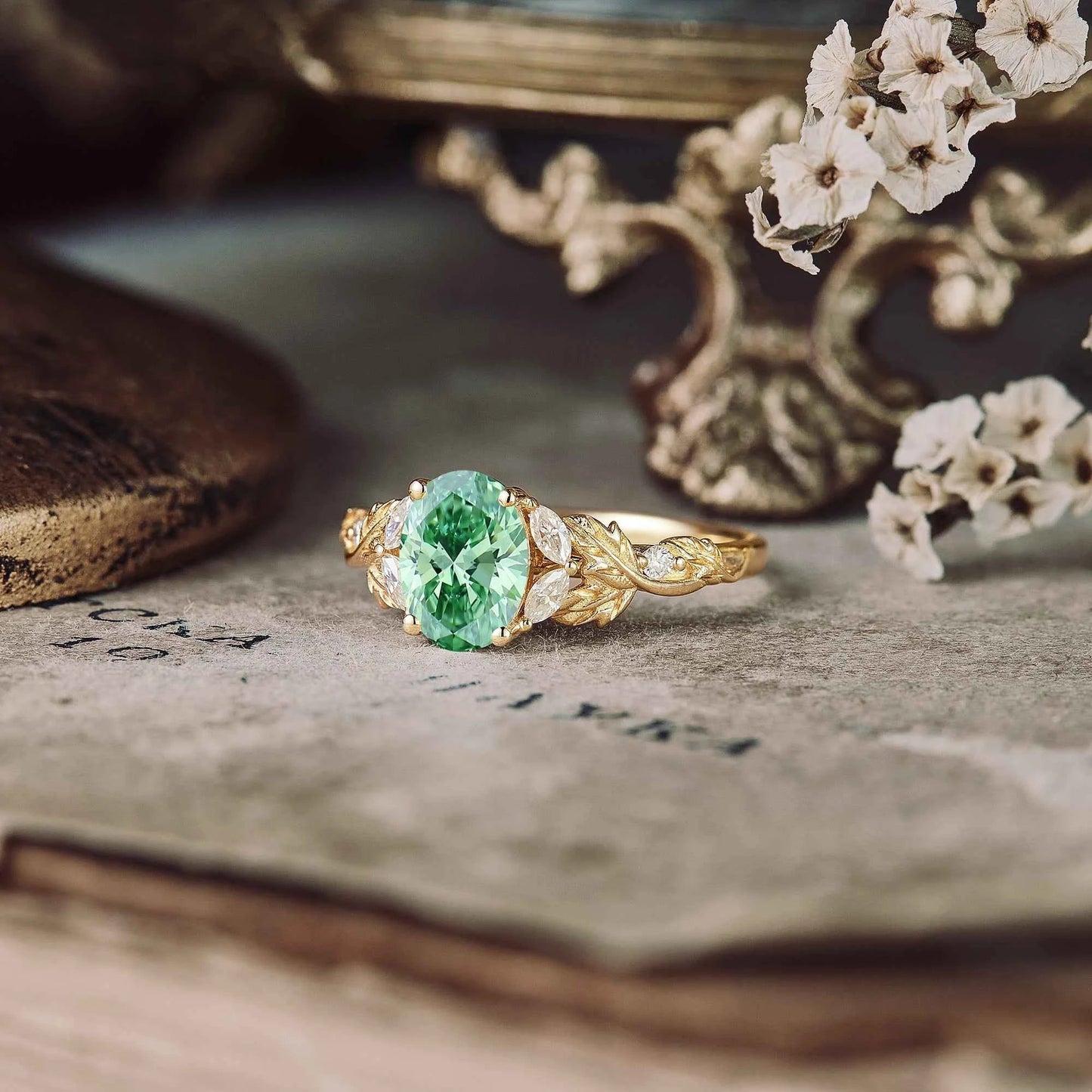 Nature Inspired Lab Grown Green Diamond Crossed Leaf Engagement Ring - Bella | GemsMagic - GemsMagic