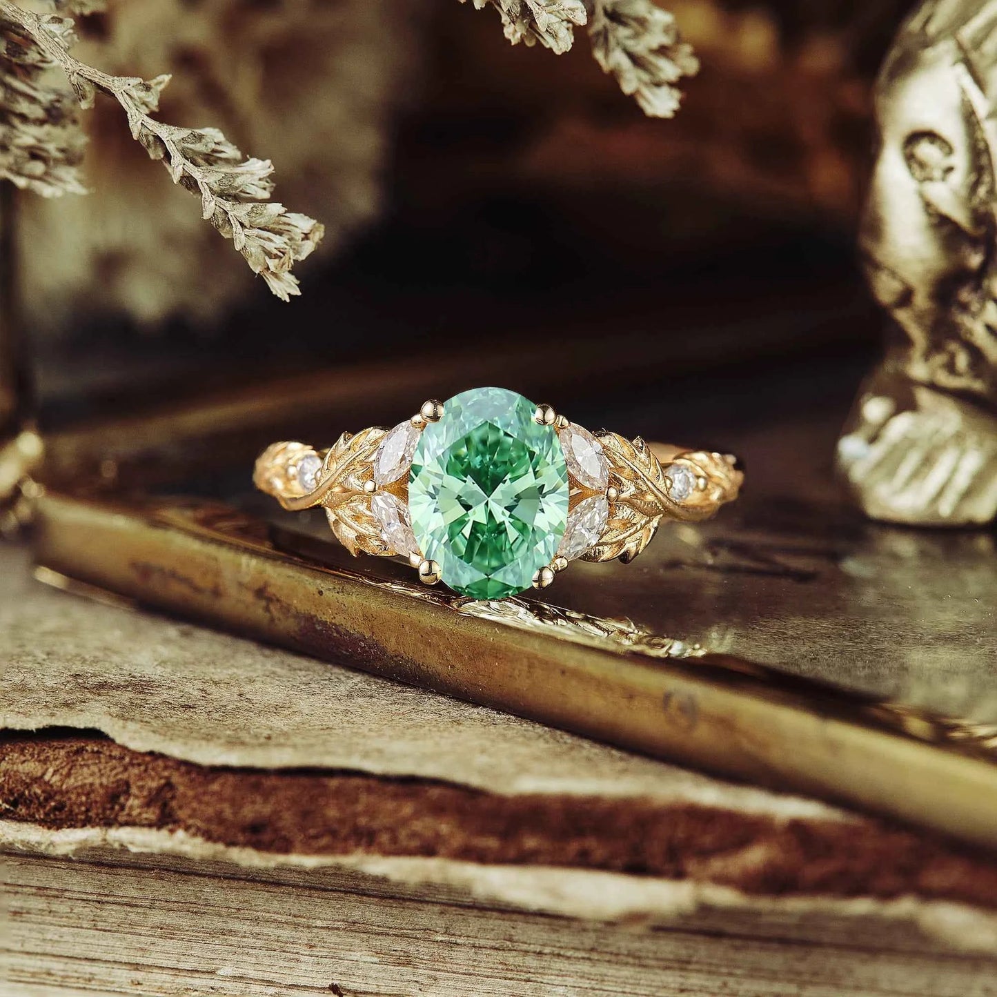 Nature Inspired Lab Grown Green Diamond Crossed Leaf Engagement Ring - Bella | GemsMagic - GemsMagic