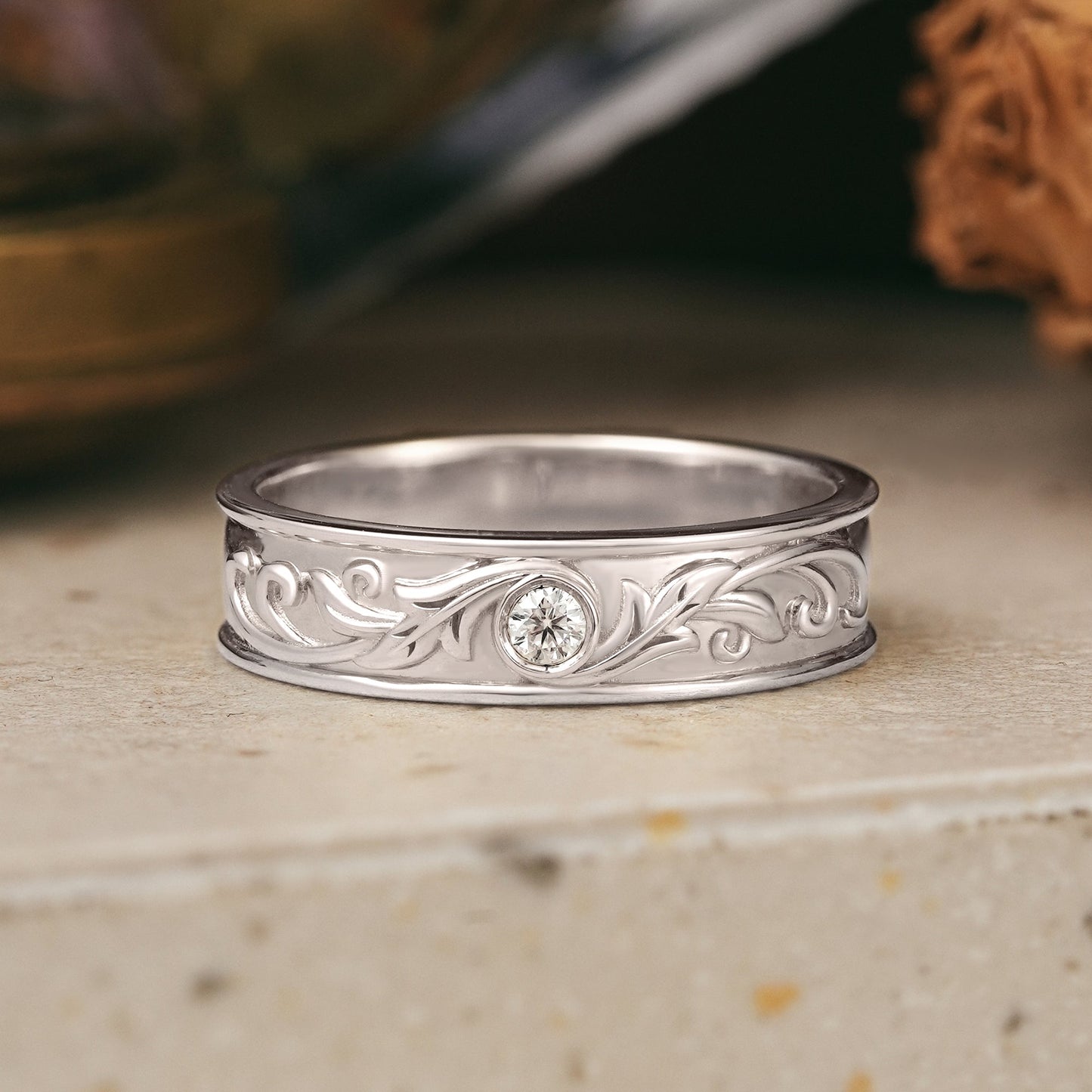 Nature Inspired Moissanite Leaf And Vine Men's Band - Ross - GemsMagic