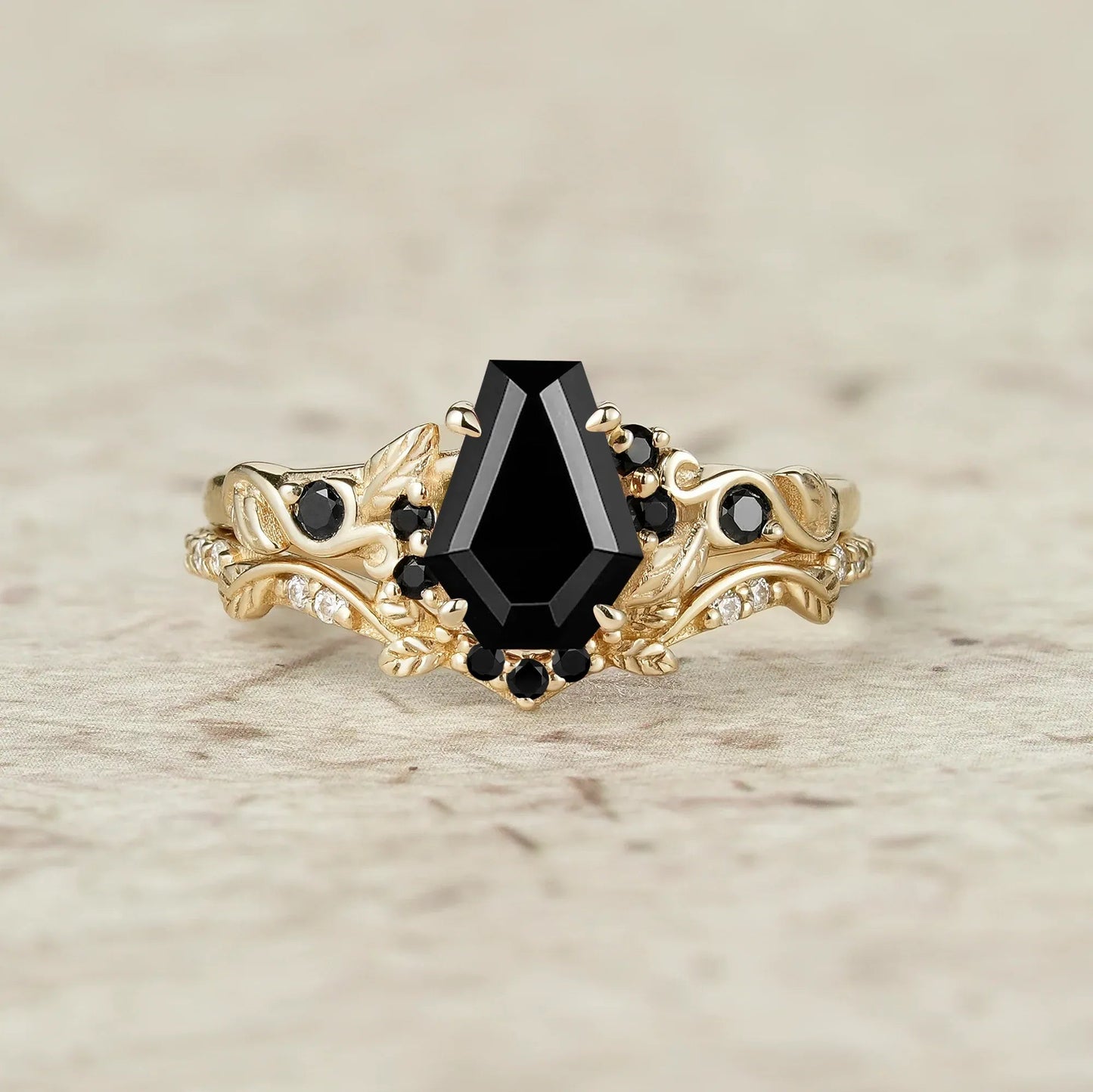 Nature's Embrace: Coffin Cut Black Onyx Leaf Ring Set - Penelope - GemsMagic