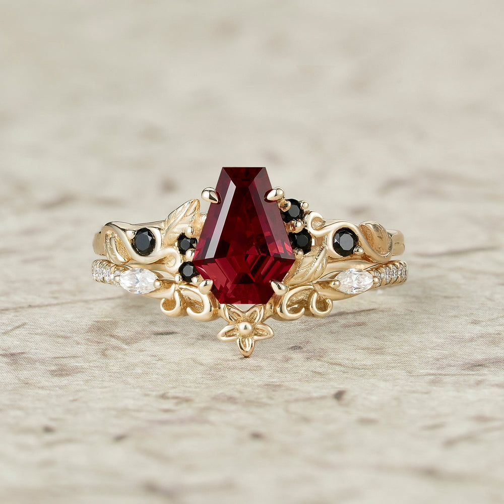 Nature's Embrace: Coffin Cut Ruby Leaf Ring Set - Lila