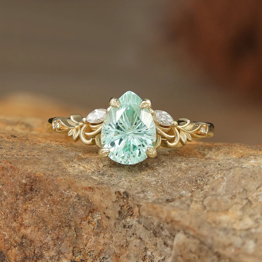 Olive Branch Inspired Sparkle Cut Green Sapphire Engagement Ring - Rene | GemsMagic