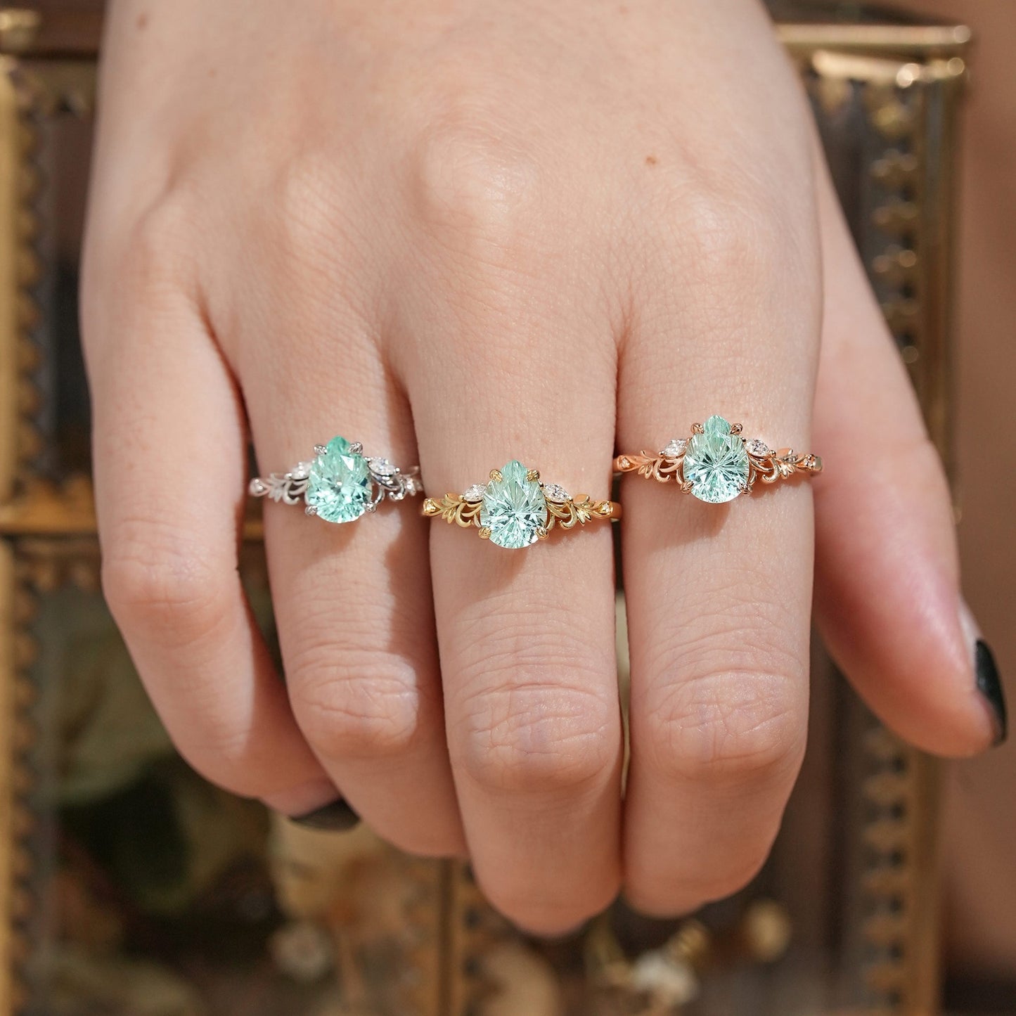 Olive Branch Inspired Sparkle Cut Green Sapphire Engagement Ring - Rene | GemsMagic - GemsMagic