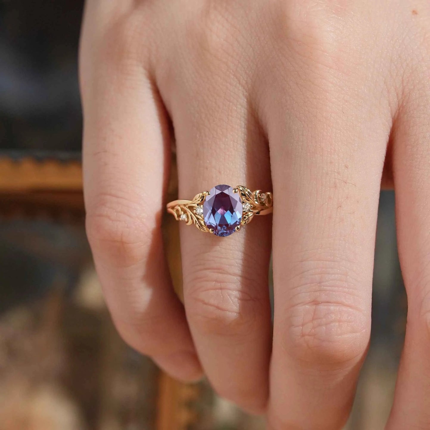 Oval Cut Alexandrite Leaf Inspired Engagement Ring - Darlene - GemsMagic