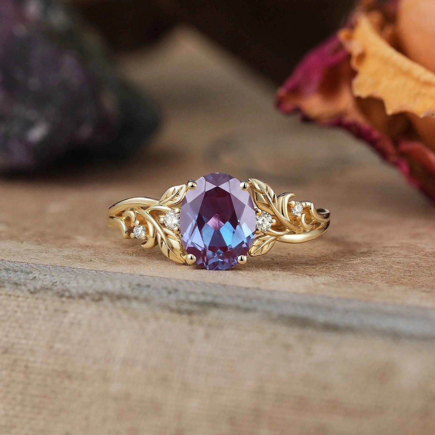 Oval Cut Alexandrite Leaf Inspired Engagement Ring - Darlene - GemsMagic