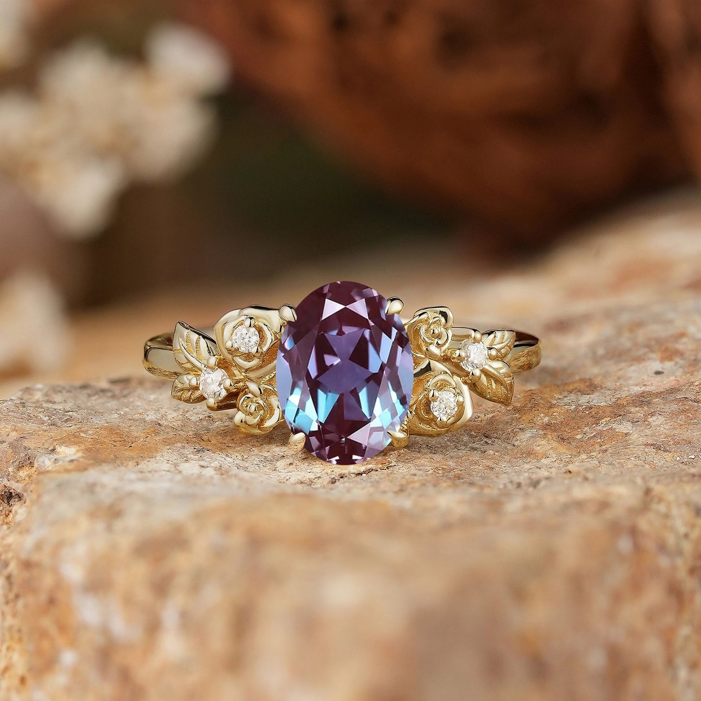 Oval Cut Alexandrite Rose Inspired Engagement Ring - Evangeline - GemsMagic