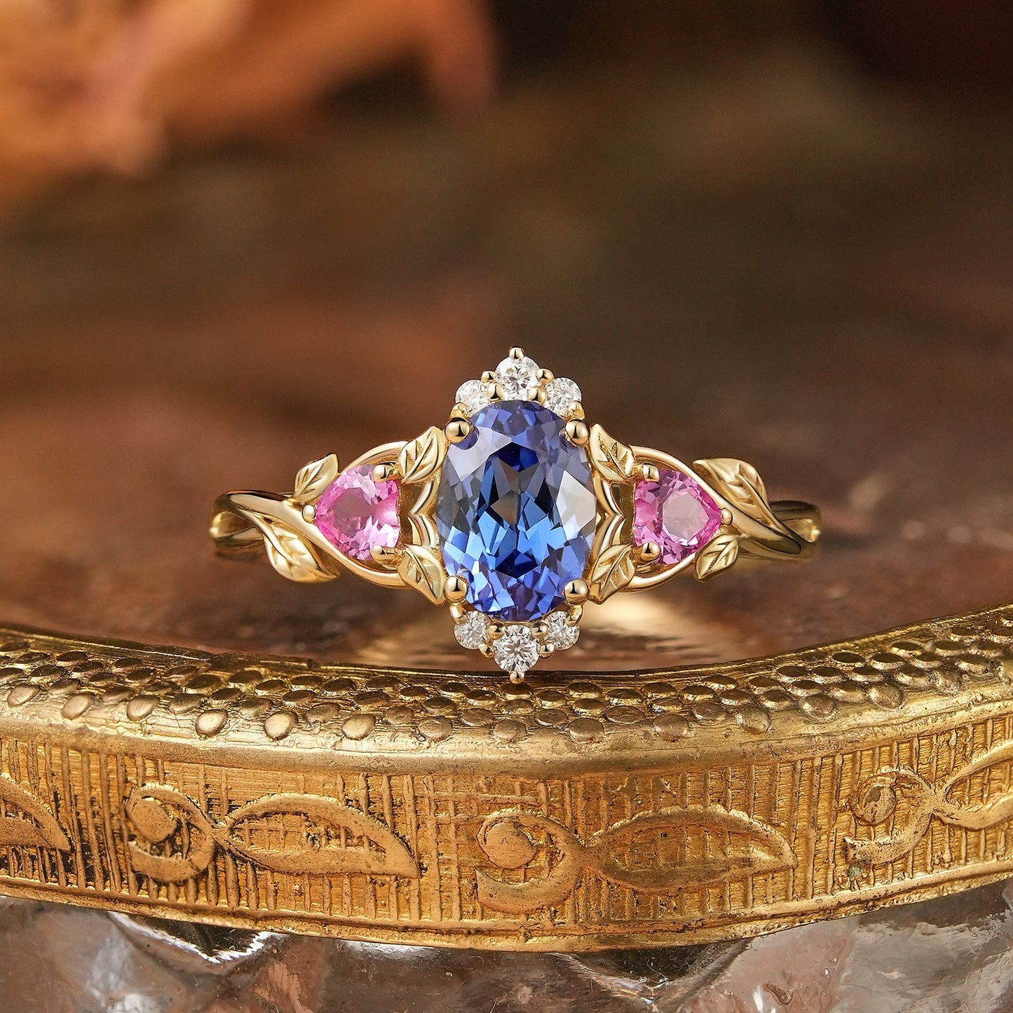 Oval Cut Cornflower Sapphire And Pink Sapphire Leaf Inspired Engagement Ring - Maren | GemsMagic - GemsMagic