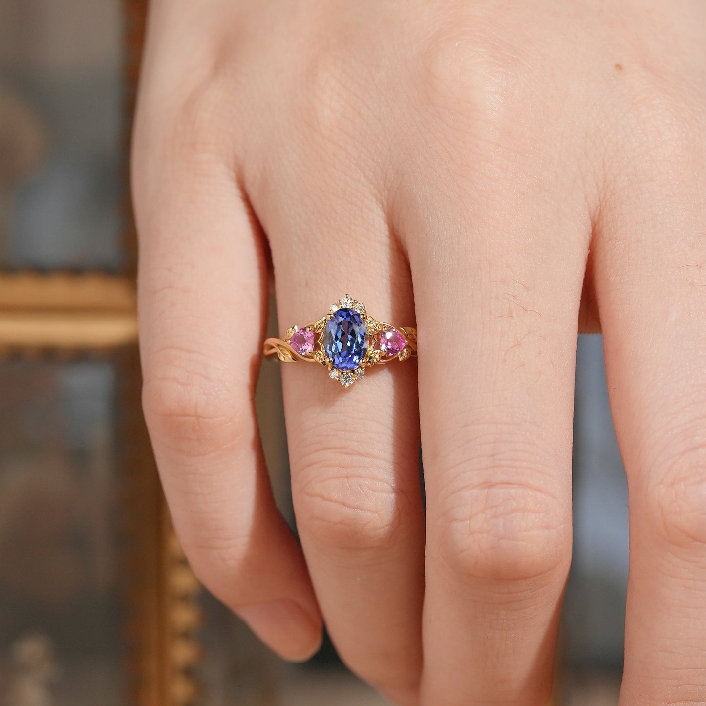 Oval Cut Cornflower Sapphire And Pink Sapphire Leaf Inspired Engagement Ring - Maren | GemsMagic - GemsMagic