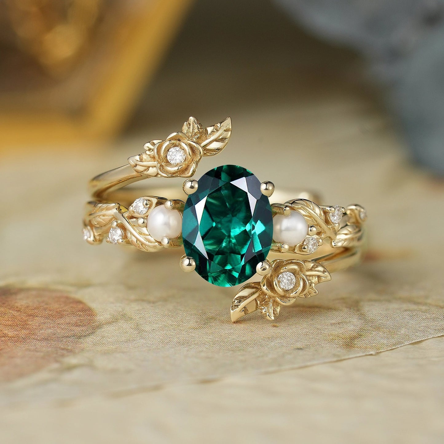 Oval Cut Emerald Ring - Rose Blossom Vine Ring Set | Tessa - GemsMagic