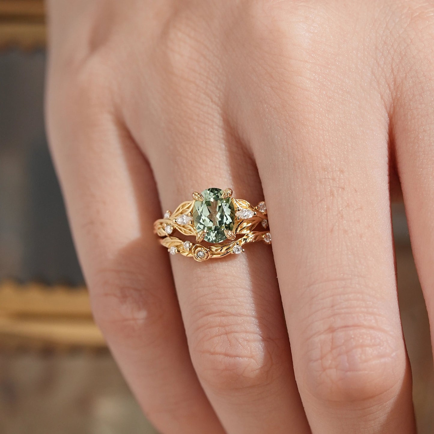 Oval Cut Green Sapphire Leaf And Flower Inspired Bridal Ring Set - Glinda - GemsMagic