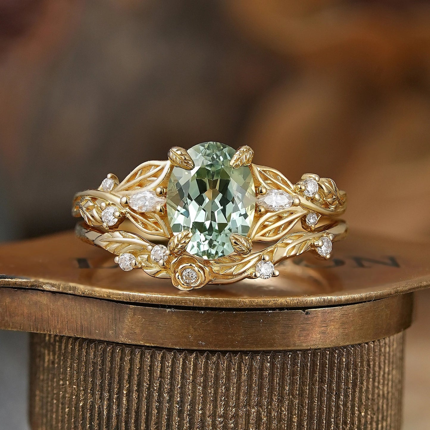Oval Cut Green Sapphire Leaf And Flower Inspired Bridal Ring Set - Glinda - GemsMagic