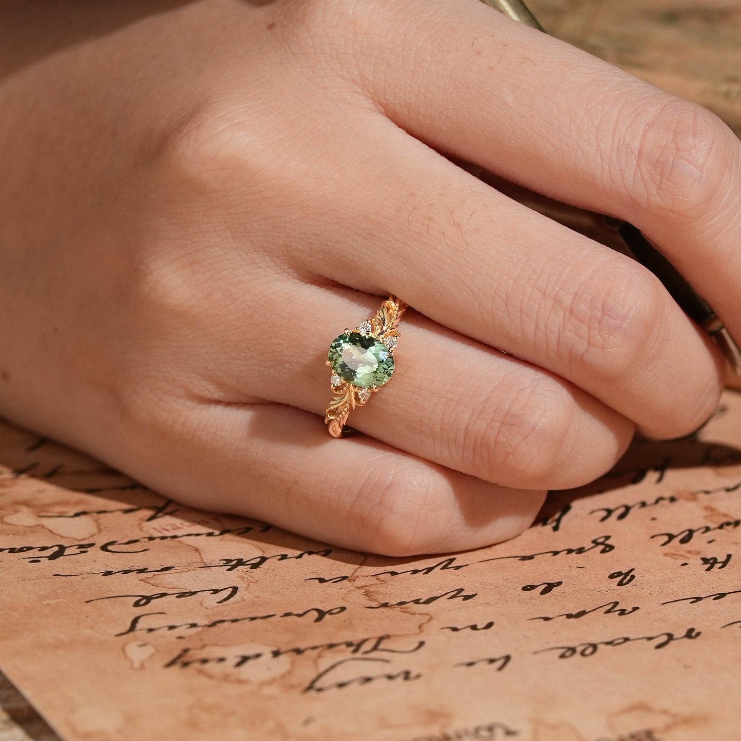 Oval Cut Green Sapphire Leaf And Vine Inspired Milgrain Engagement Ring - Kimberly - GemsMagic