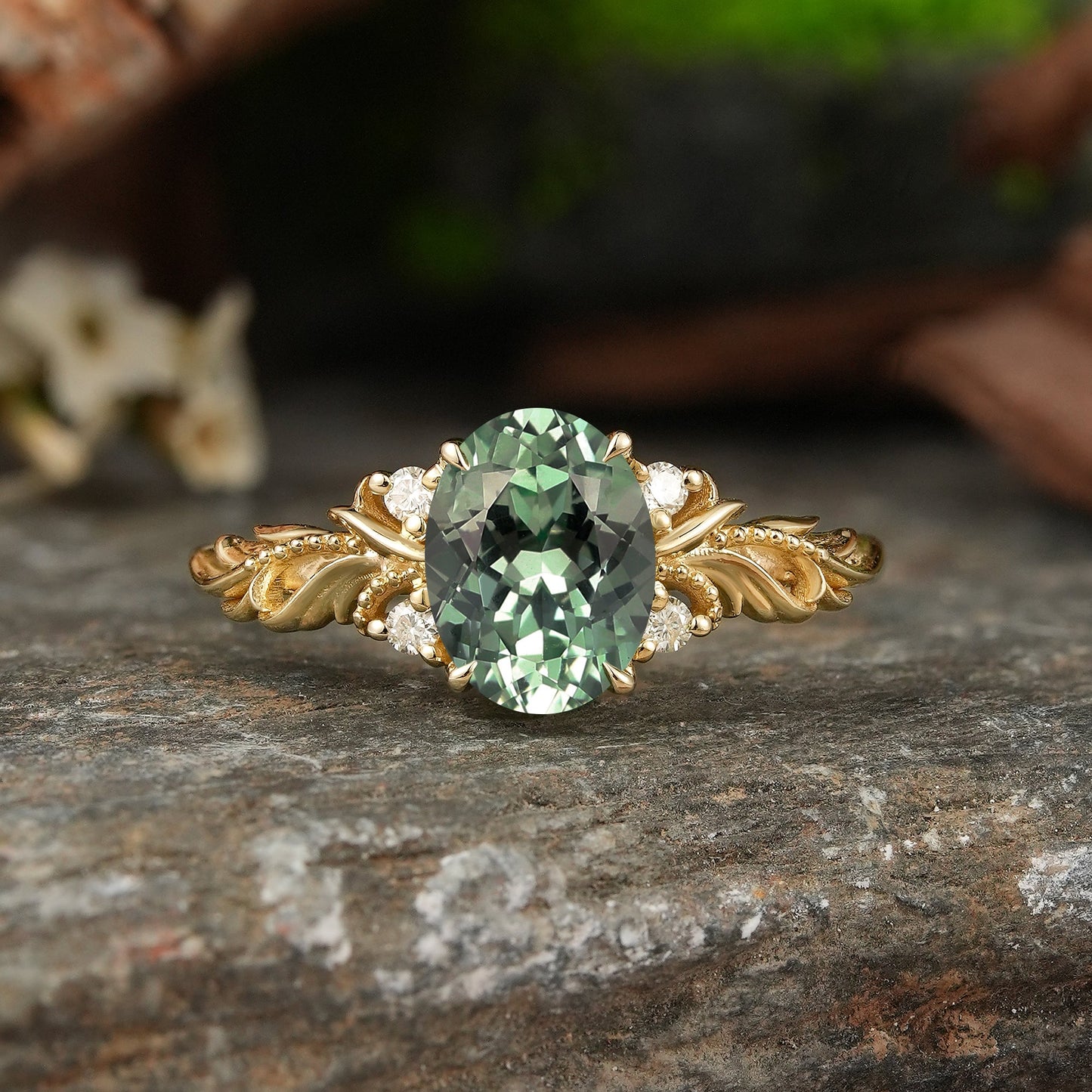 Oval Cut Green Sapphire Leaf And Vine Inspired Milgrain Engagement Ring - Kimberly - GemsMagic