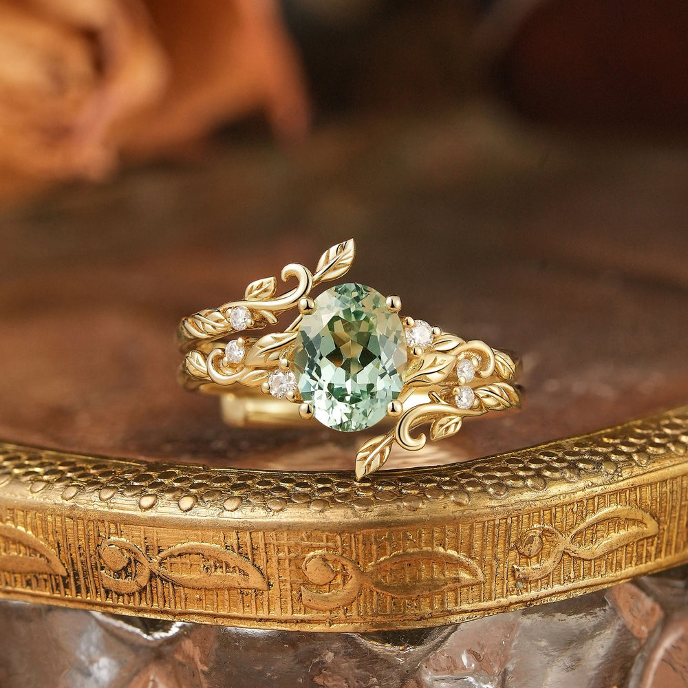 Oval Cut Green Sapphire Leaf Inspired Bridal Ring Set With Ring Enhancer - Meadow | GemsMagic - GemsMagic