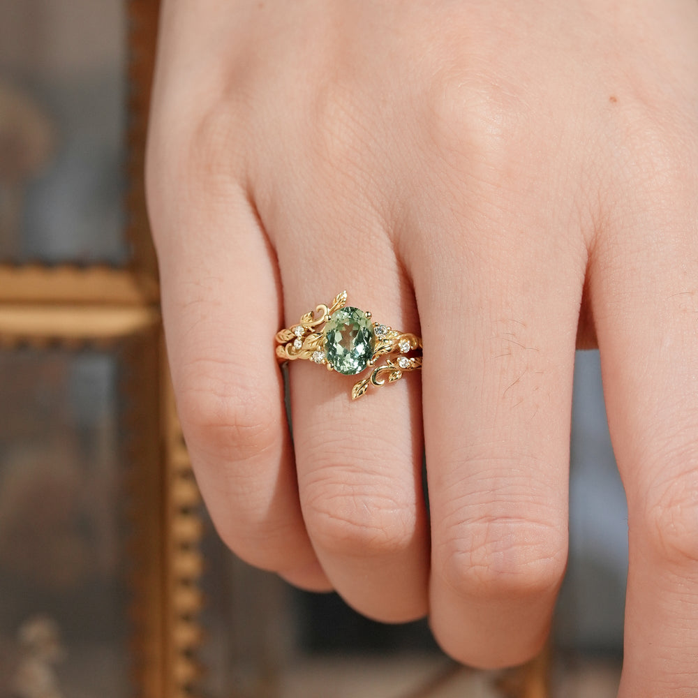 Oval Cut Green Sapphire Leaf Inspired Bridal Ring Set With Ring Enhancer - Meadow | GemsMagic - GemsMagic