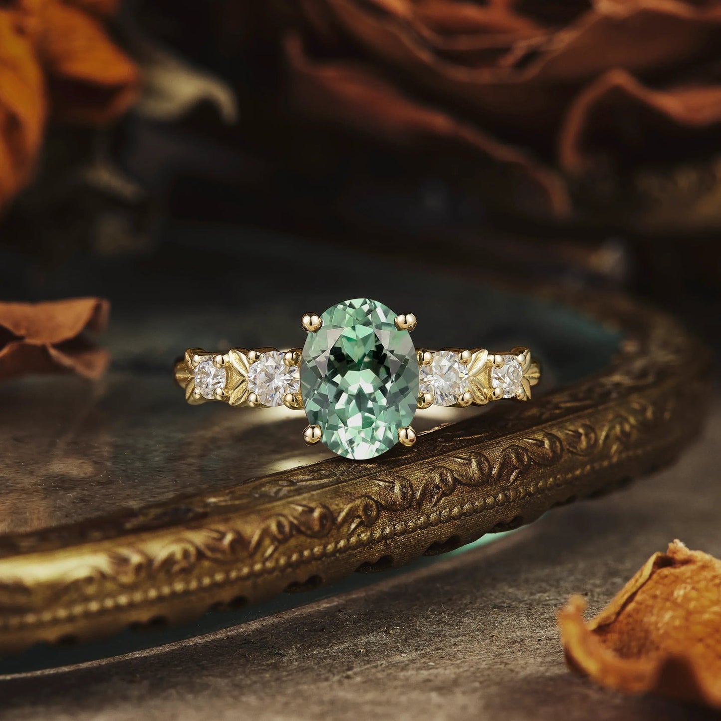 Oval Cut Green Sapphire Leaf Ring - Ailsa - GemsMagic