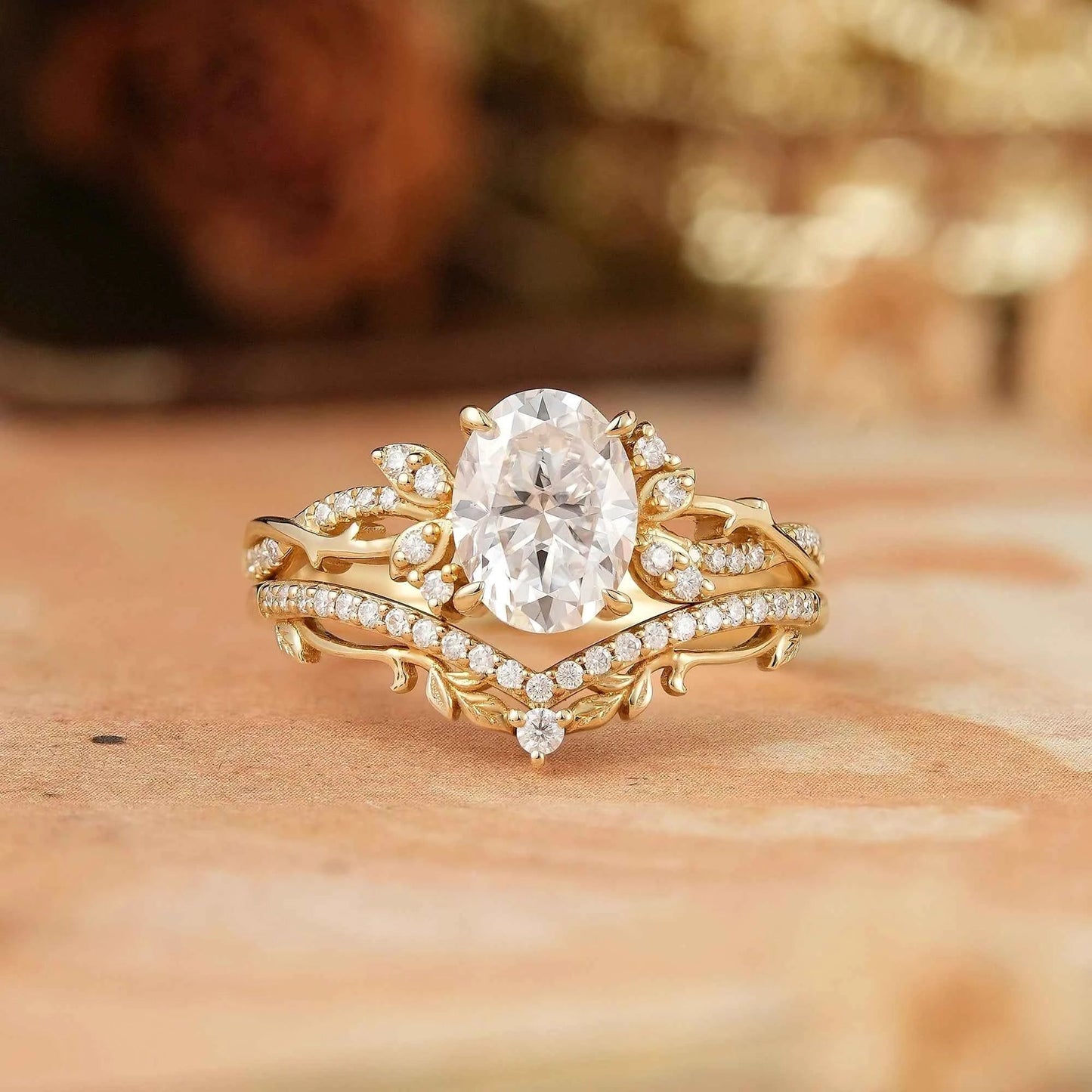 Oval Cut Moissanite Leaf And Vine Inspired Bridal Ring Set - GemsMagic