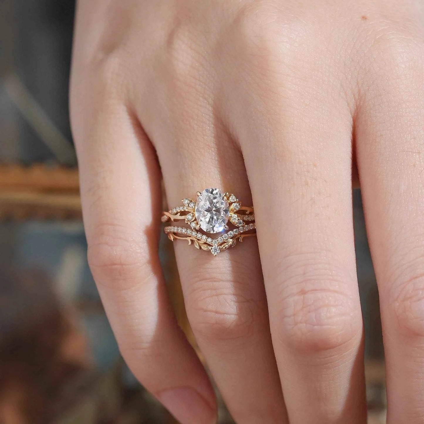 Oval Cut Moissanite Leaf And Vine Inspired Bridal Ring Set - GemsMagic