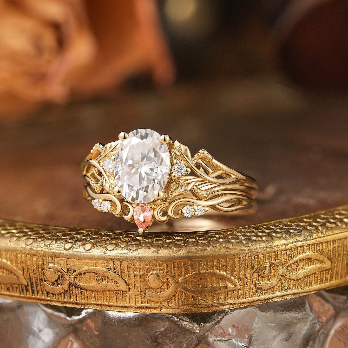 Oval Cut Moissanite Leaf Inspired Ring Set Pink Sapphire Fairy Bridal Ring Set - Eira | GemsMagic - GemsMagic
