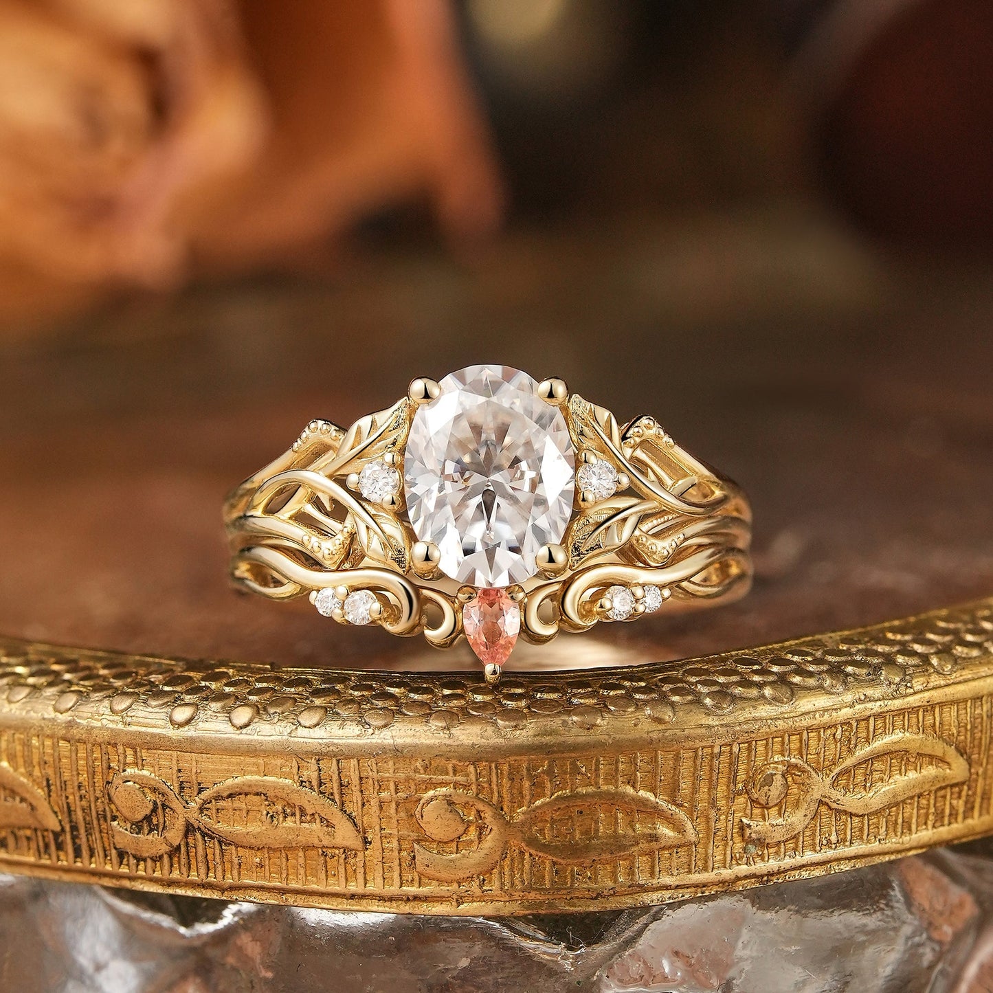 Oval Cut Moissanite Leaf Inspired Ring Set Pink Sapphire Fairy Bridal Ring Set - Eira | GemsMagic - GemsMagic